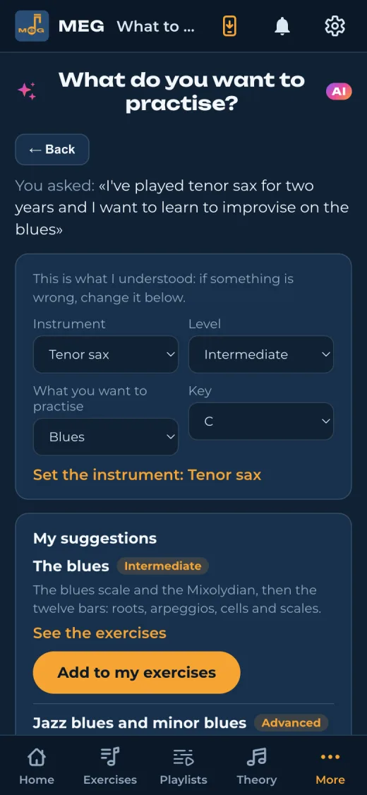 MEG on a phone: the AI assistant suggests playlists for tenor sax and the blues