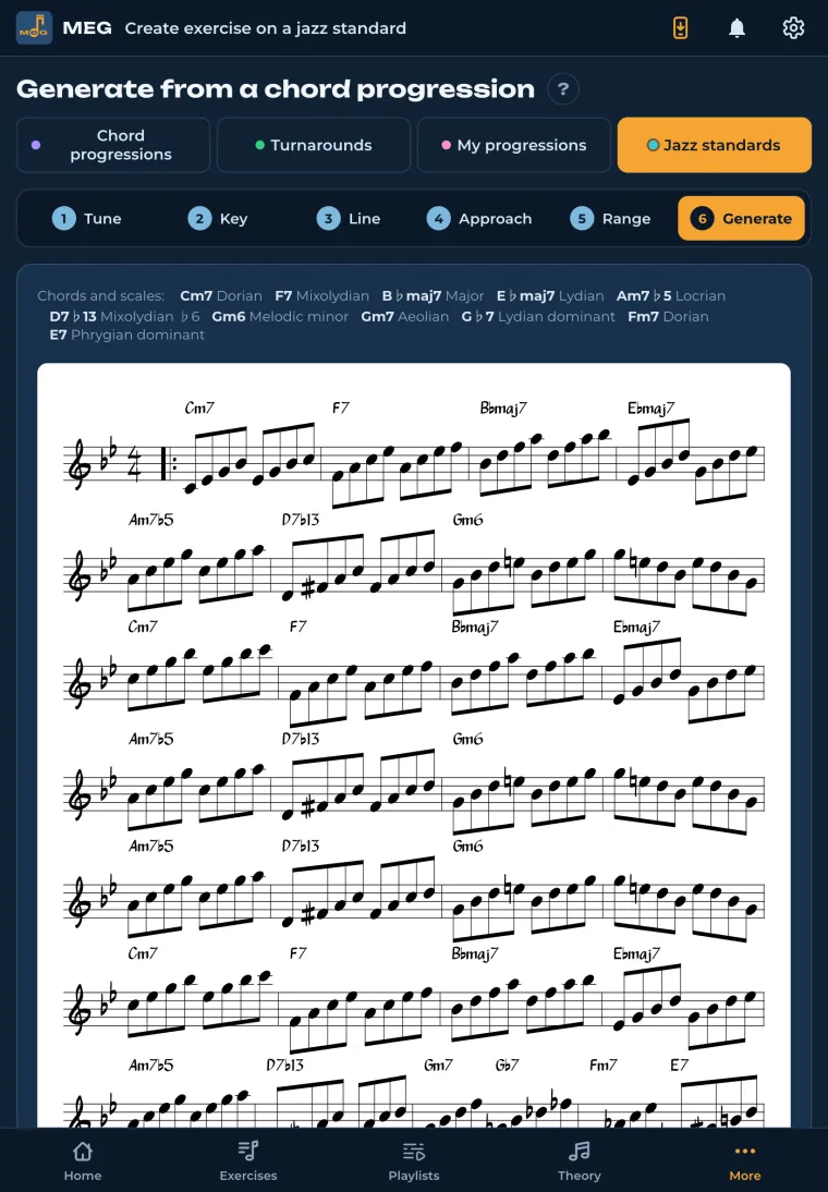 MEG on a tablet: the Autumn Leaves exercise, with chords and scales above the score