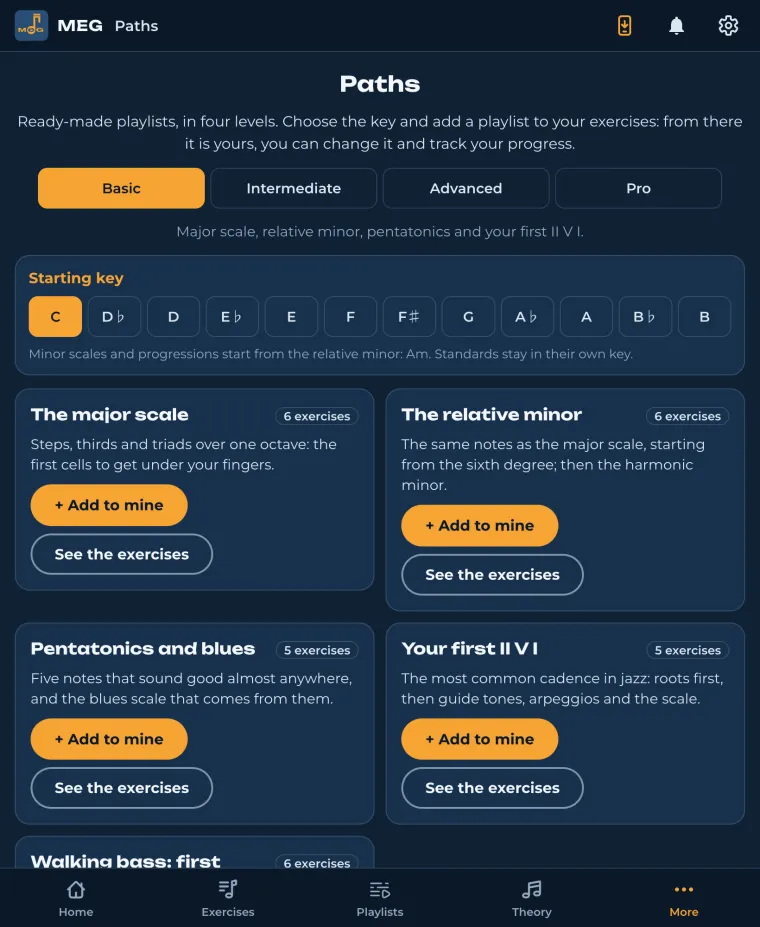 MEG: learning paths, ready-made playlists by level