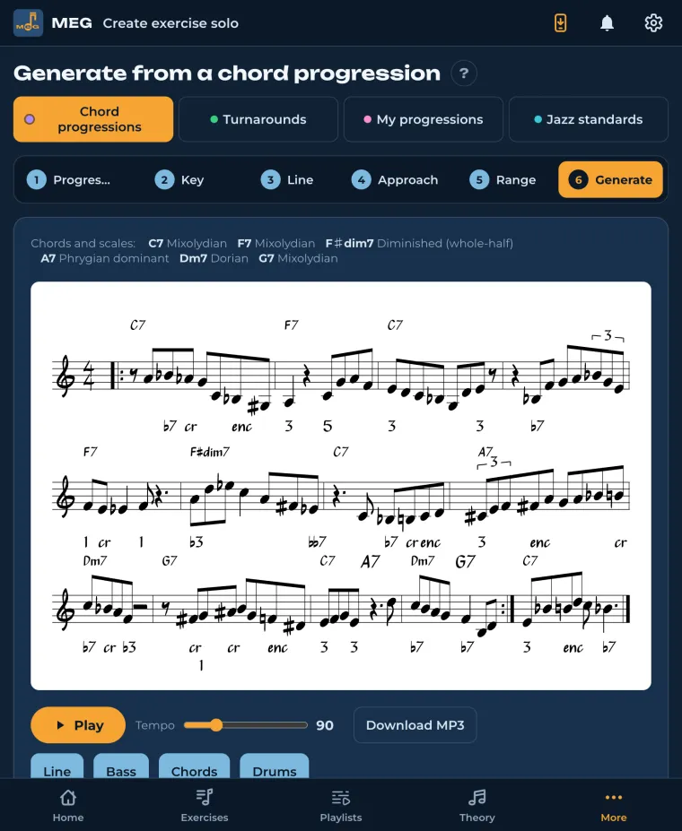 MEG: bebop solo on a jazz blues, with annotations