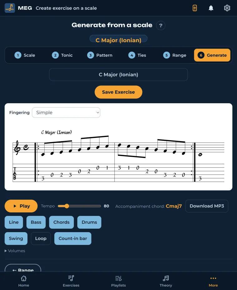 MEG: scale exercise with guitar tablature