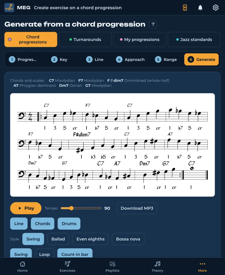 MEG: walking bass with chromatic approach on a jazz blues